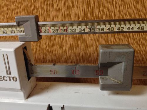 Kyle Hall's scale, balancing at 169.5 pounds for #WeighInWeds at #HealthyMe.