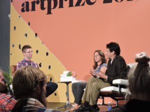 Gina Reichert and Mitch Cope of Detroit's Design 99 talk to Kevin Buist, ArtPrize Director of Exhibitions, at a recent Critical Discourse event in Grand Rapids. 