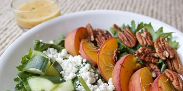 roasted peach salad in bowl