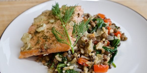 dijon mustard salmon with warm spinach quinoa and lentil salad