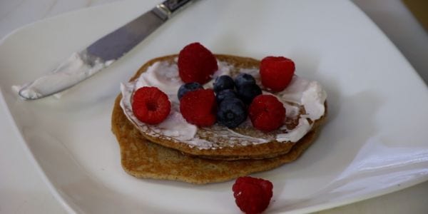 Pancakes with Yogurt, Raspberries, and Blueberries