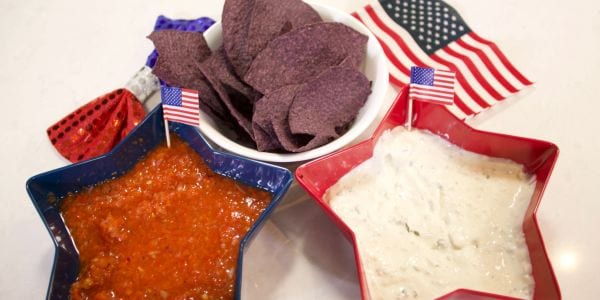 Red, white and blue chips and dip