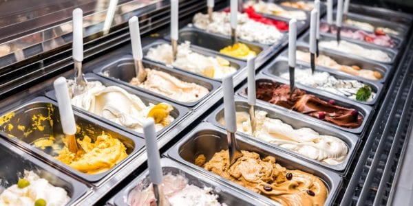 Gelato case filled with many flavors