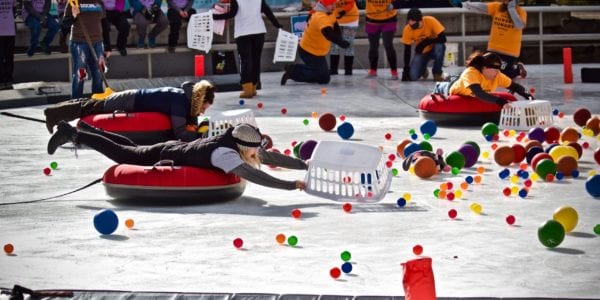 Three teams in Grand Rapids Playing Human Hungry Hungry Hippos on Ice