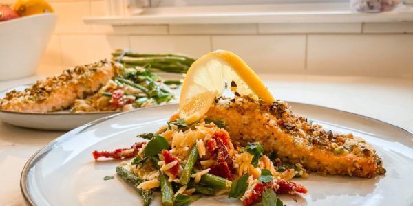 Pistachio-encrusted Salmon with Zesty Orzo and Asparagus
