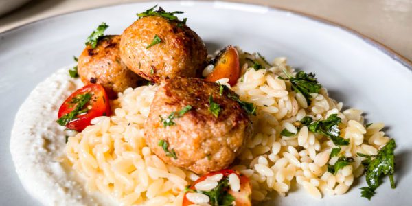 Meatballs with orzo and whipped feta