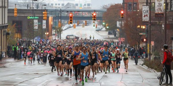 A large crowd participates in the 2021 Grand Rapids Turkey Trot.