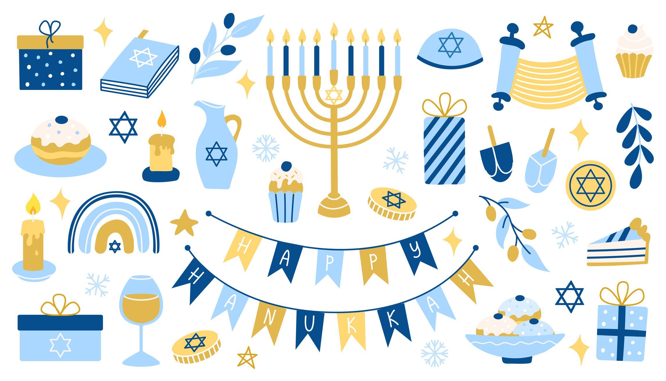 Hanukkah set: Collection of vector colorful flat Hanukkah symbols with menorah, coins, donuts.